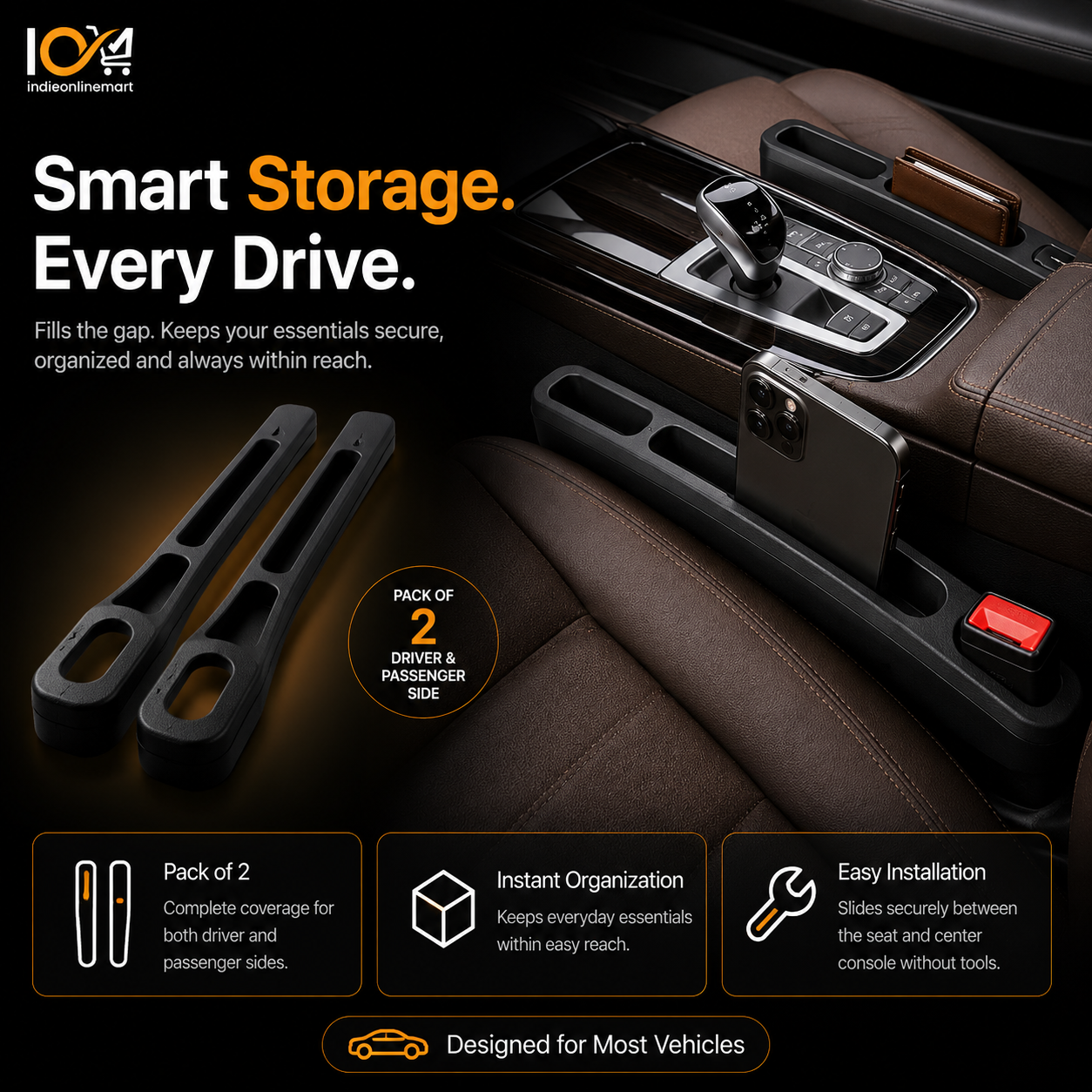 Car Seat Gap Organizer (Pack of 2) | Universal Auto Storage Filler